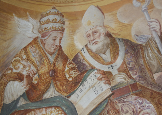 Die Kirchenväter Gregor der Große und Ambrosius. Detail des Deckenfreskos in der Kirche San Silvestro, Meride (CH)